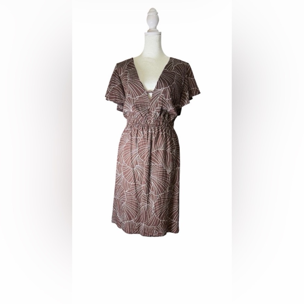 a new day Brown Botanical-Print V-Neck Smocked-Waist Knee Length Dress.Size XXL.